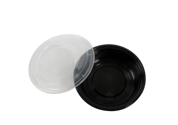 9'' Black 48 oz. Round Microwaveable Take Out Container with Lid 150/CS | White Stone