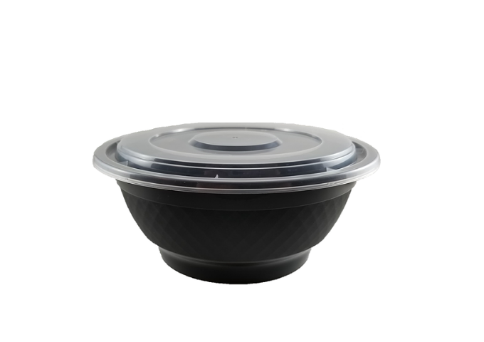 Black 38oz Round Microwavable Noodle Bowl With clear Lid 150Set/CS | White Stone