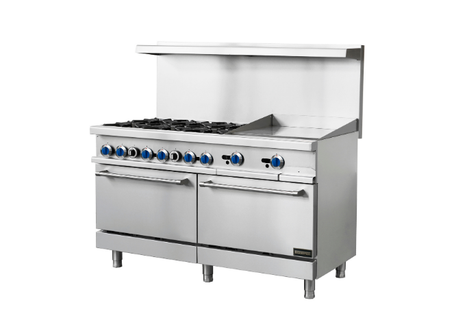 Manotick MT-R60-24MG Natural Gas 6 Burner 60'' Range with 24'' Manual Griddle and Standard Ovens | White Stone