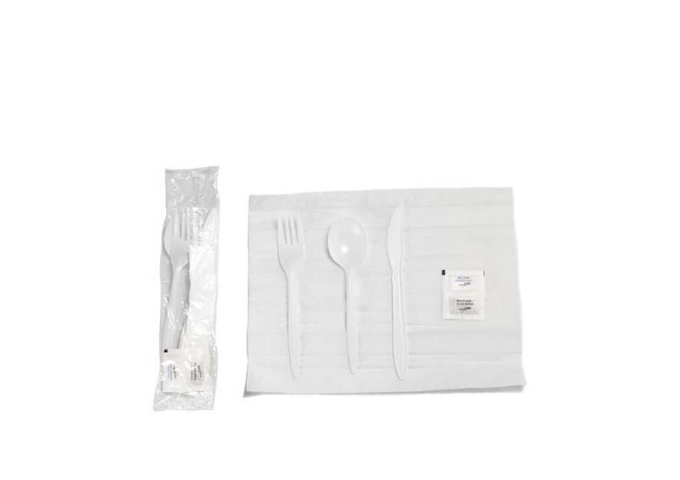 Table Accents - Plastic Cutlery Set - Fork, Knife, Soup Spoon, Napkin, Salt & Pepper Packet, 500 Sets/ Case | White Stone