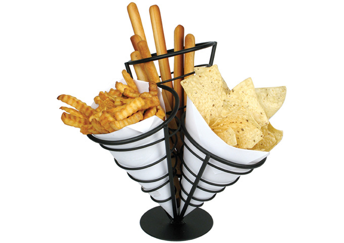 3 Cone French Fry Holder, Black Wire | White Stone