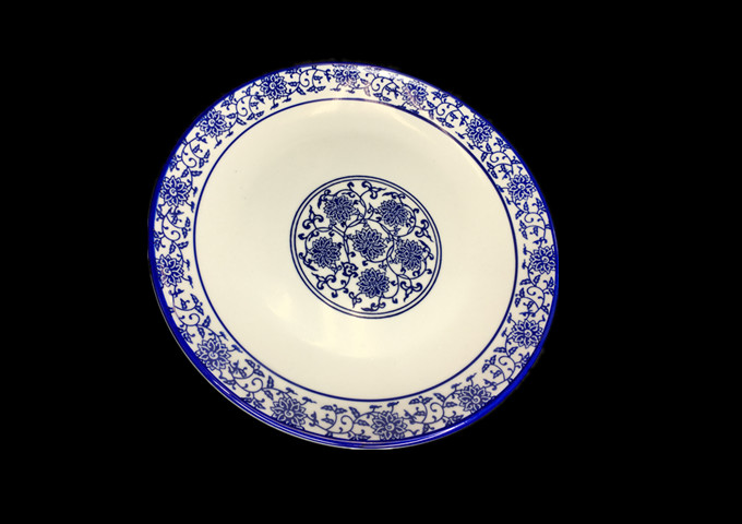 9'' Ceramic Flat Round Blue & White Plate | White Stone