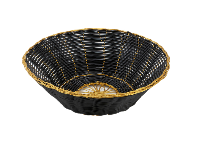 Poly Woven Baskets, Round, 8-1/4" x 2-1/4", Black/Gold | White Stone