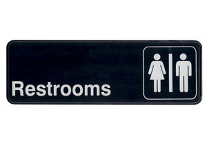 Information Sign, "Restrooms", 3" x 9", Black | White Stone